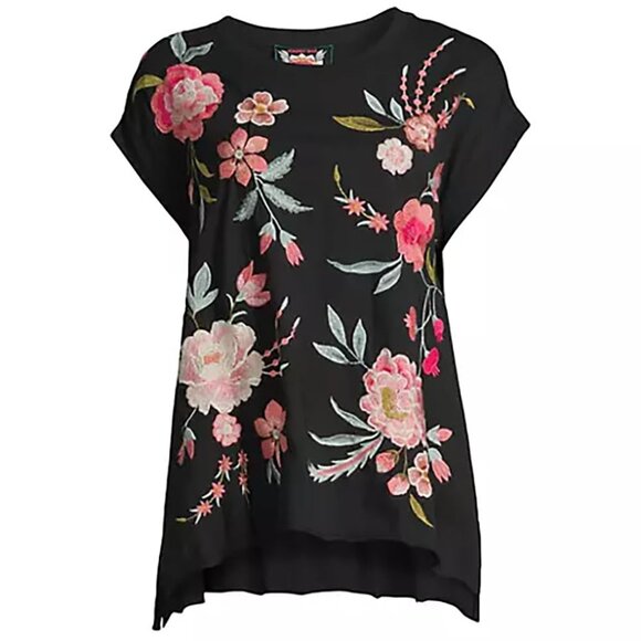 Johnny Was Joya Relaxed Drape Tee Flowers Black Shirt Floral Embroidery Top New - Picture 2 of 8